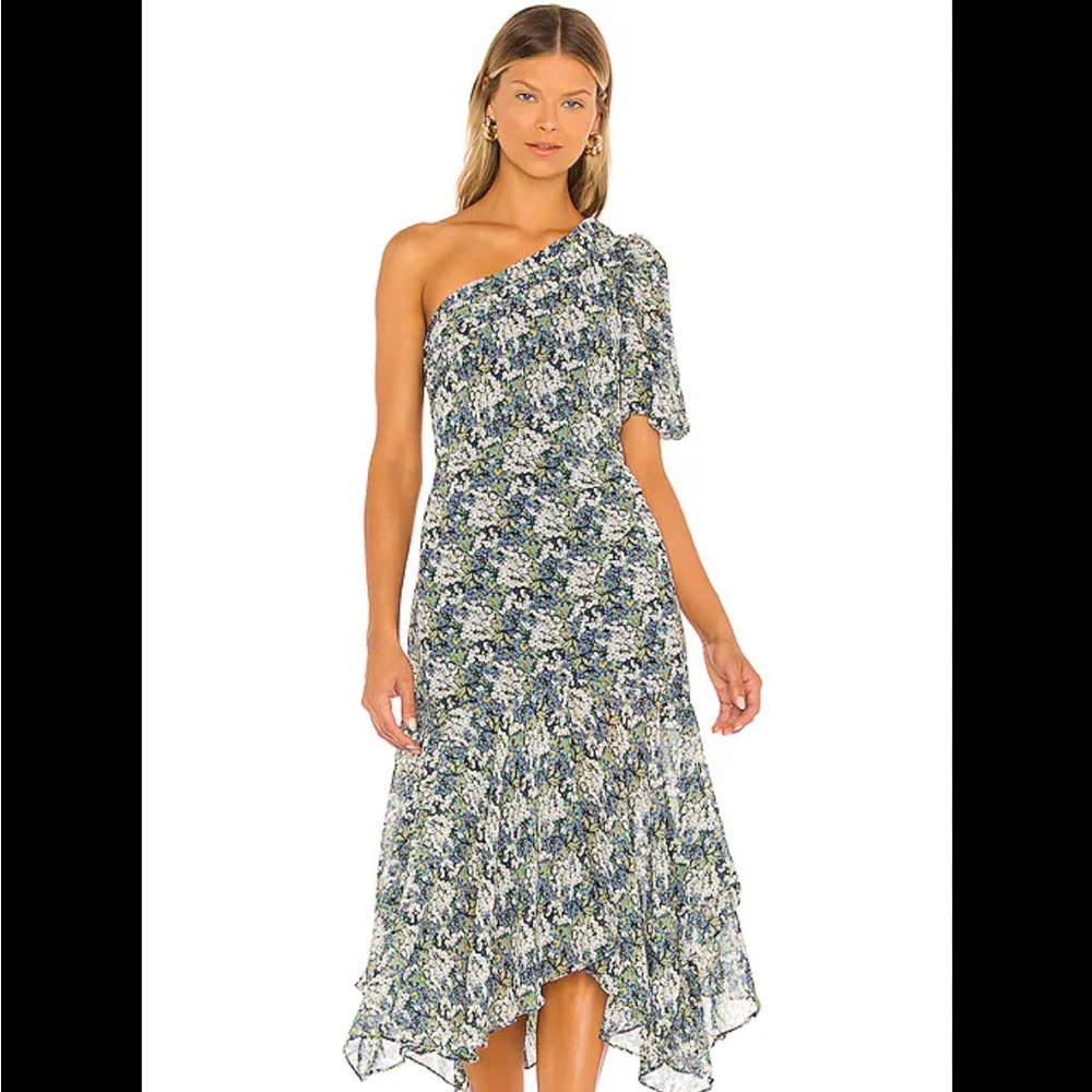 Astr The Label Santorini Floral One Shoulder Midi Dress
